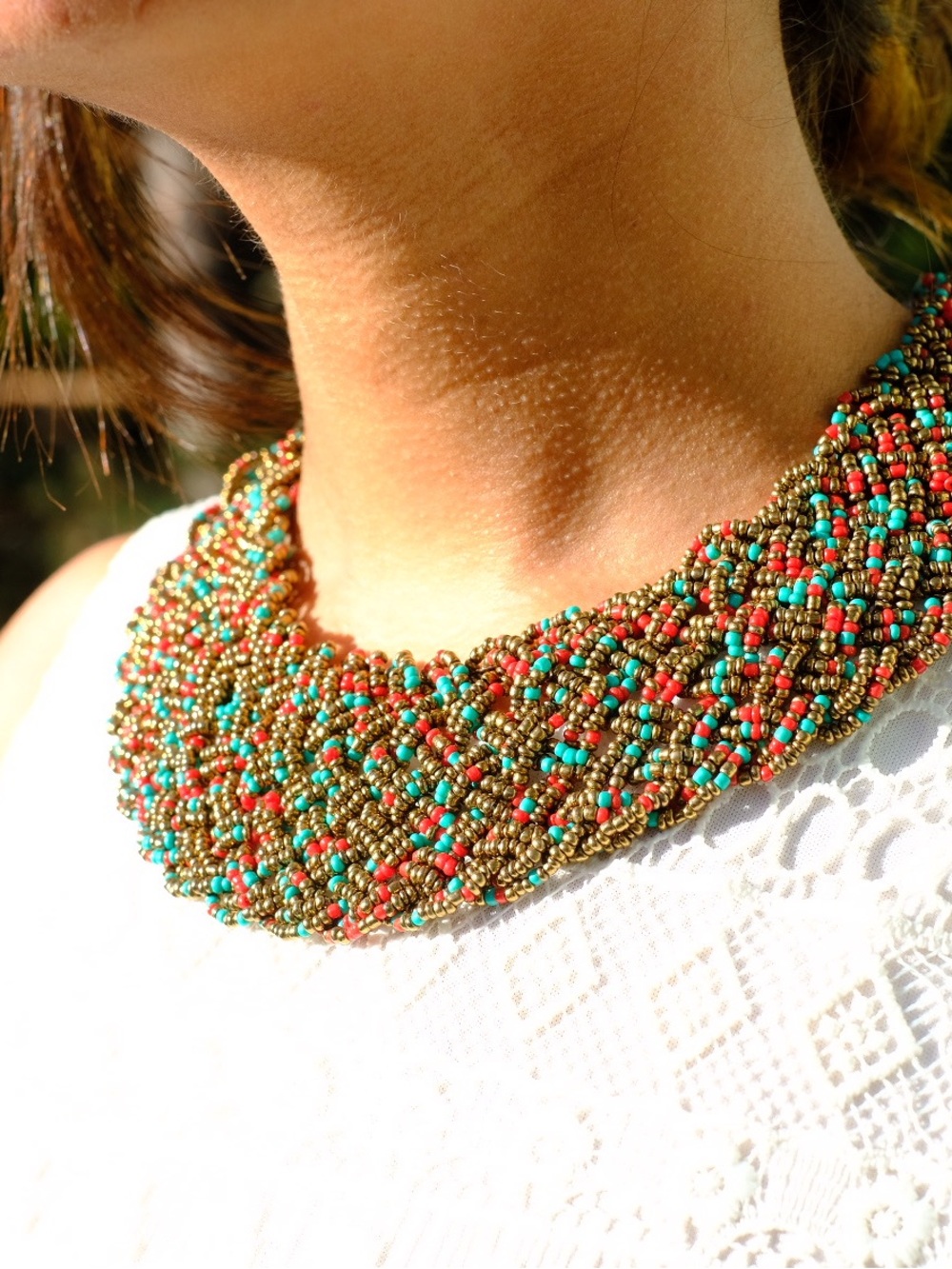 Handwoven Multicolor Beaded Collar Necklace - Red & Turquoise
